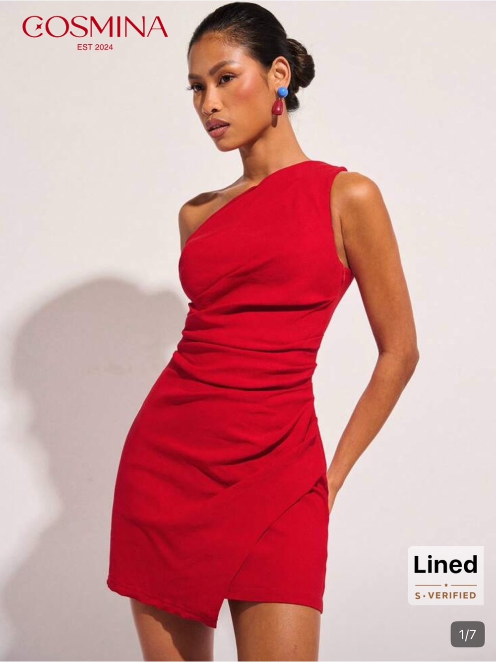 Cosmina One-Shoulder Red Ruched Mini Dress